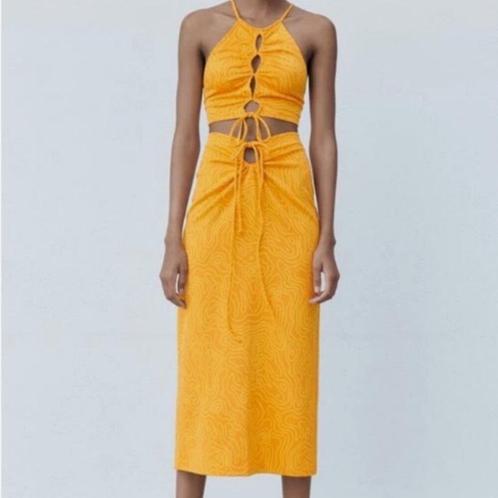 ZARA Abstract Printed Cutout Tie Waist Midi Skirt And Crop Top Set